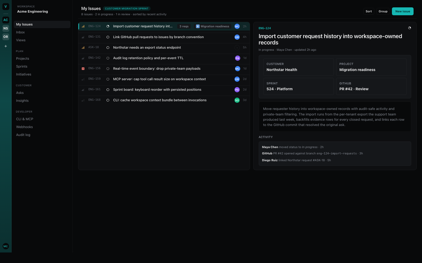 Vector workspace: a worklist of issues on the left with priority and status icons, an issue detail pane on the right showing customer, project, sprint, and linked GitHub pull request.